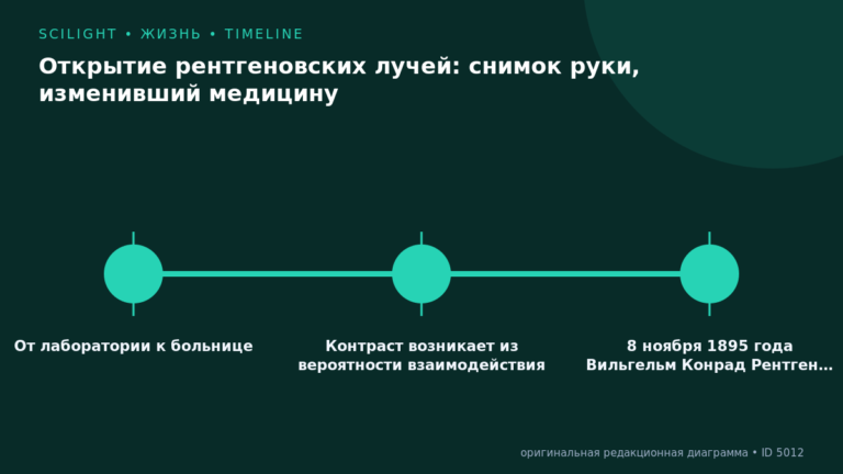 Схема к статье «Открытие рентгеновских лучей: снимок руки, изменивший медицину»: От лаборатории к больнице, Контраст возникает из вероятности взаимодействия, 8 ноября 1895 года Вильгельм Конрад Рентген…