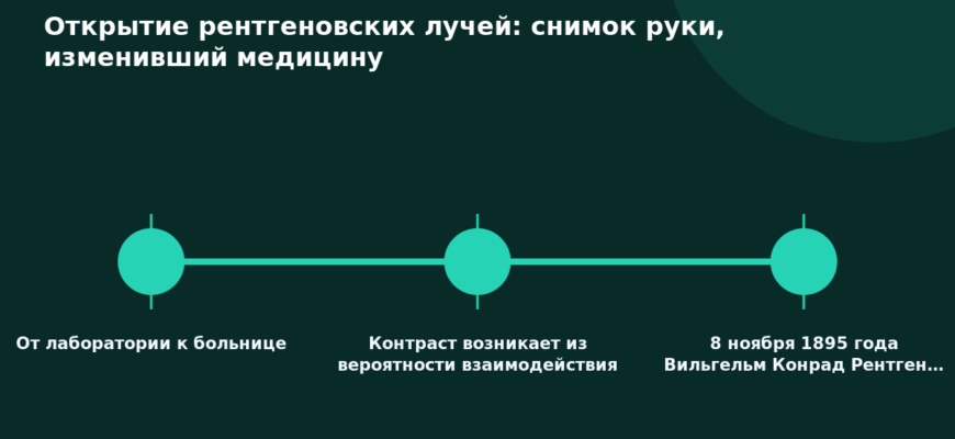 Схема к статье «Открытие рентгеновских лучей: снимок руки, изменивший медицину»: От лаборатории к больнице, Контраст возникает из вероятности взаимодействия, 8 ноября 1895 года Вильгельм Конрад Рентген…