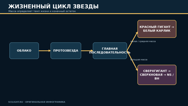 Разветвлённая схема жизненного цикла звёзд малой, солнечной и большой массы
