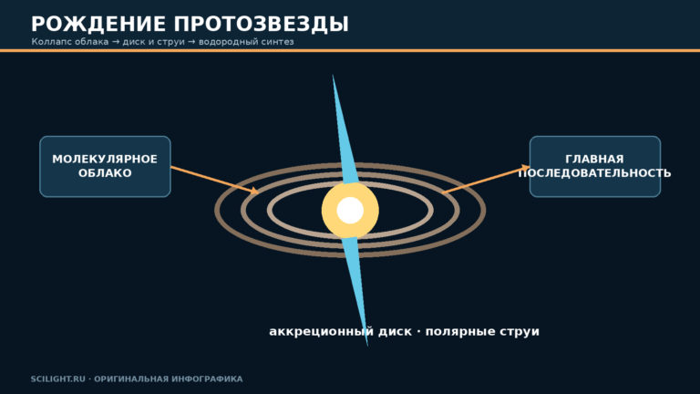 Схема рождения протозвезды в молекулярном облаке с аккреционным диском и полярными струями