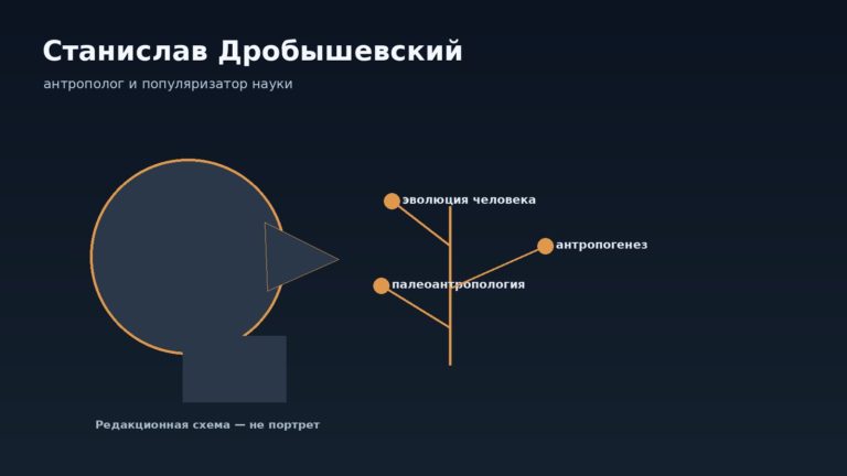 Редакционная иллюстрация к статье о Станиславе Дробышевском: схематичный профиль и эволюционное древо