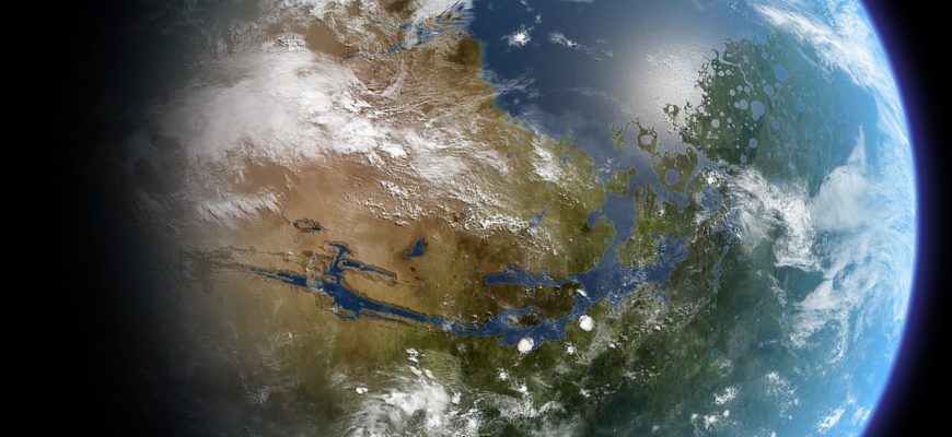 Художественная модель Марса с океанами, облаками и зелёными областями после гипотетического терраформирования