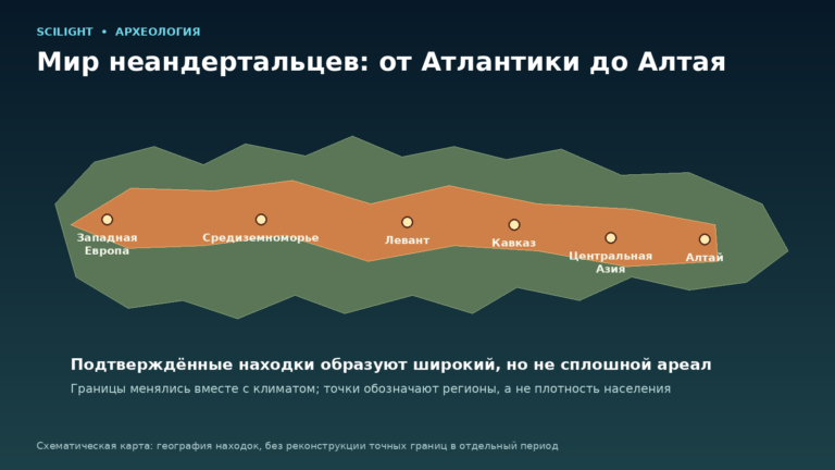 Схематическая карта ареала неандертальцев от Западной Европы и Средиземноморья через Левант и Кавказ до Алтая