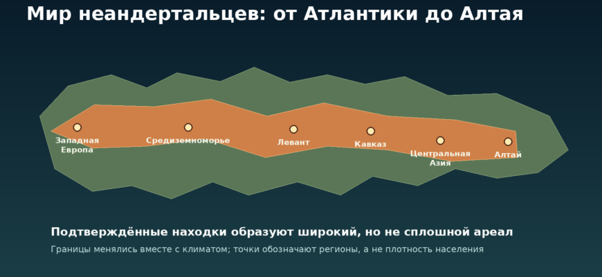 Схематическая карта ареала неандертальцев от Западной Европы и Средиземноморья через Левант и Кавказ до Алтая