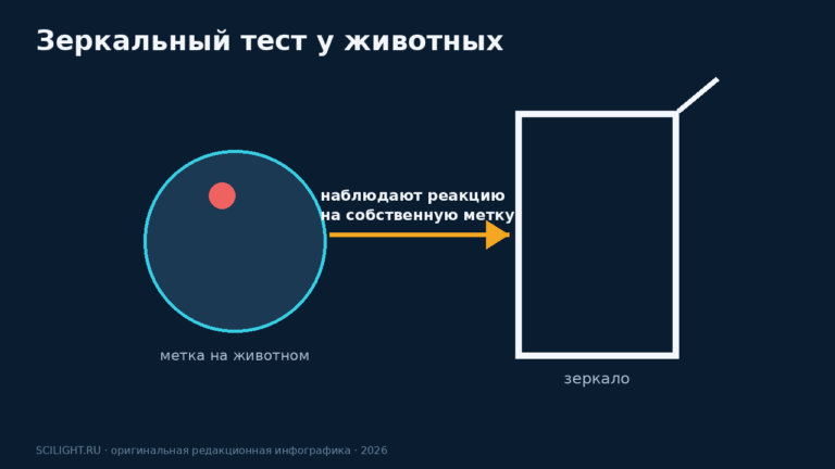 Схема животного перед зеркалом показывает метку на голове и проверку реакции на отражение