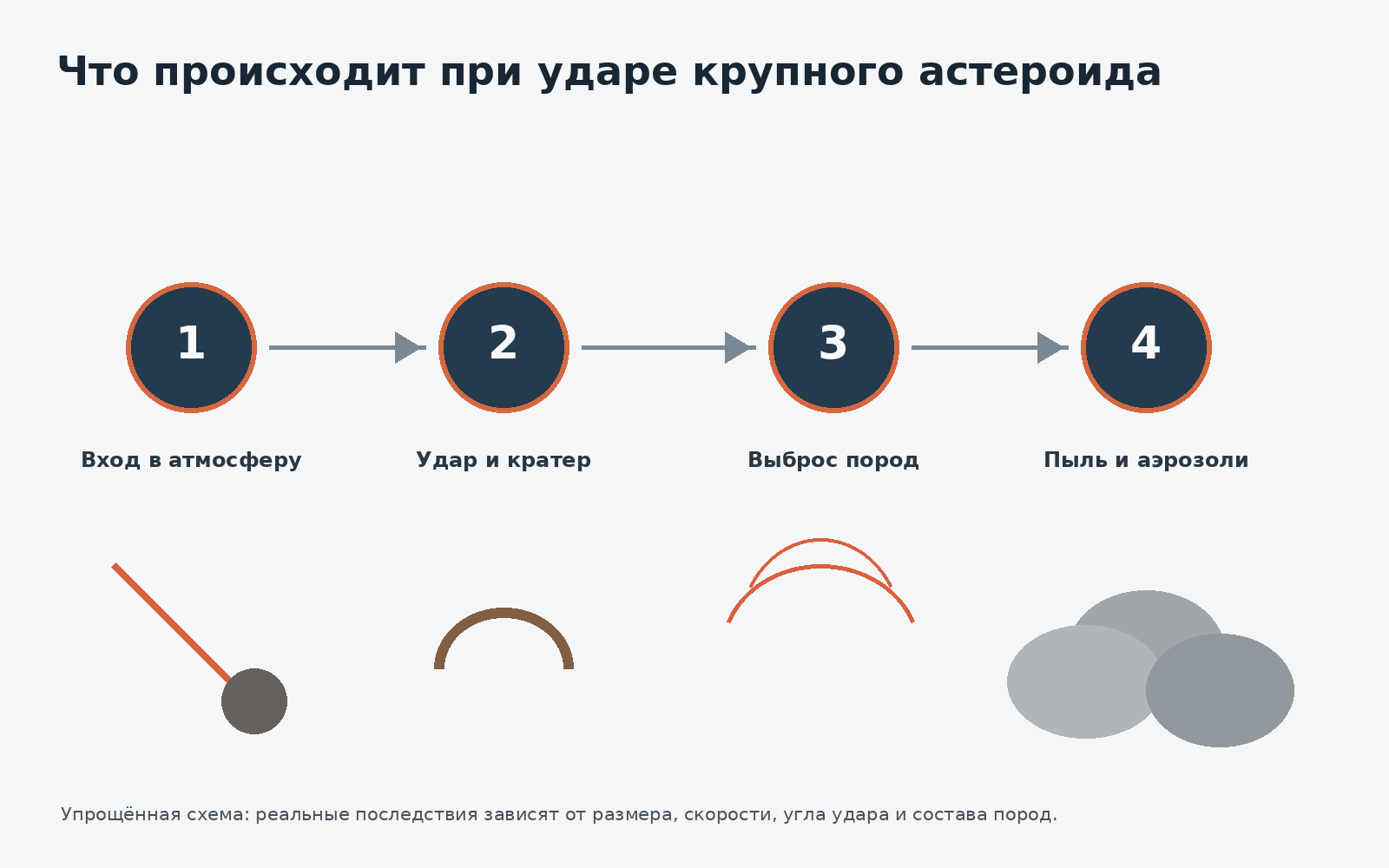 Схема этапов крупного астероидного удара: вход, столкновение, выброс вещества и глобальные последствия