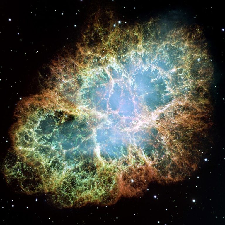 Крабовидная туманность с сетью светящихся газовых волокон на снимке Hubble