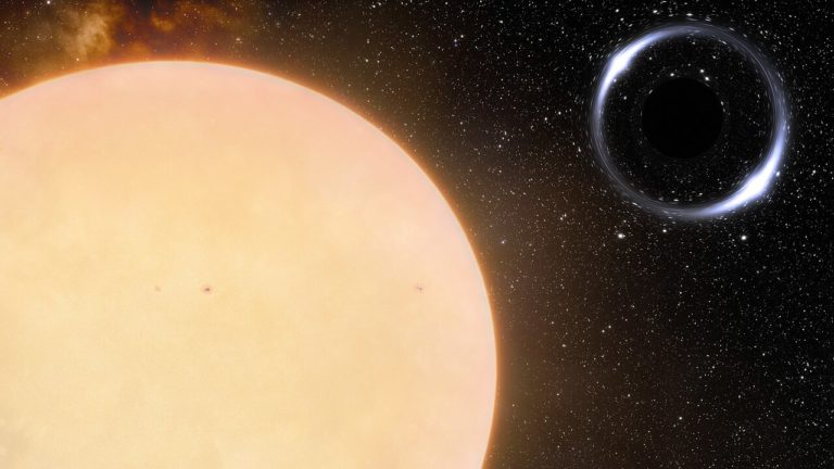 Солнцеподобная звезда обращается вокруг невидимой чёрной дыры Gaia BH1 на художественной реконструкции