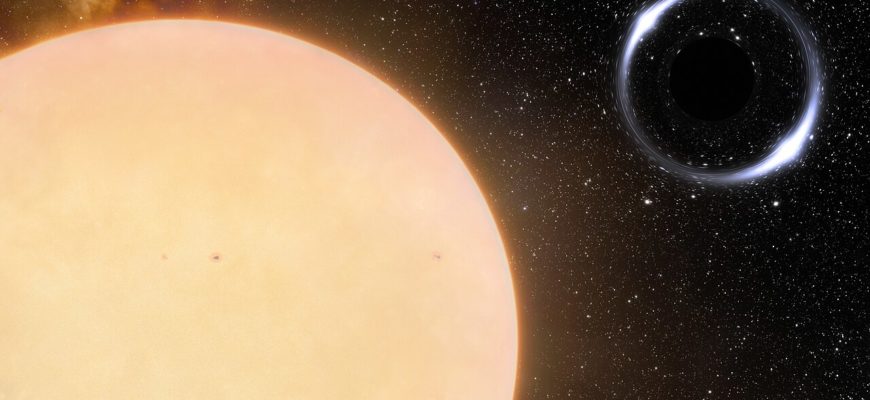 Солнцеподобная звезда обращается вокруг невидимой чёрной дыры Gaia BH1 на художественной реконструкции