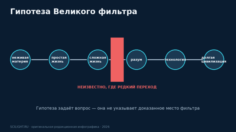 Последовательность от неживой материи к жизни и технологической цивилизации прерывается неизвестным редким этапом