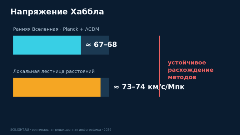 Две шкалы показывают около 67–68 км/с/Мпк по ранней Вселенной и около 73–74 по локальной лестнице расстояний