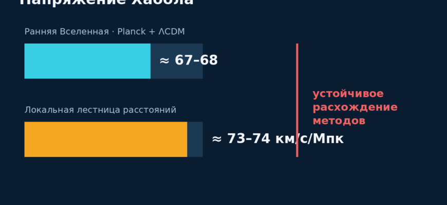 Две шкалы показывают около 67–68 км/с/Мпк по ранней Вселенной и около 73–74 по локальной лестнице расстояний