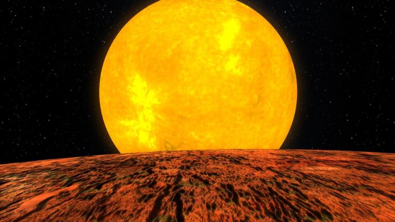 Художественное изображение раскалённой каменной планеты Kepler-10b рядом со звездой