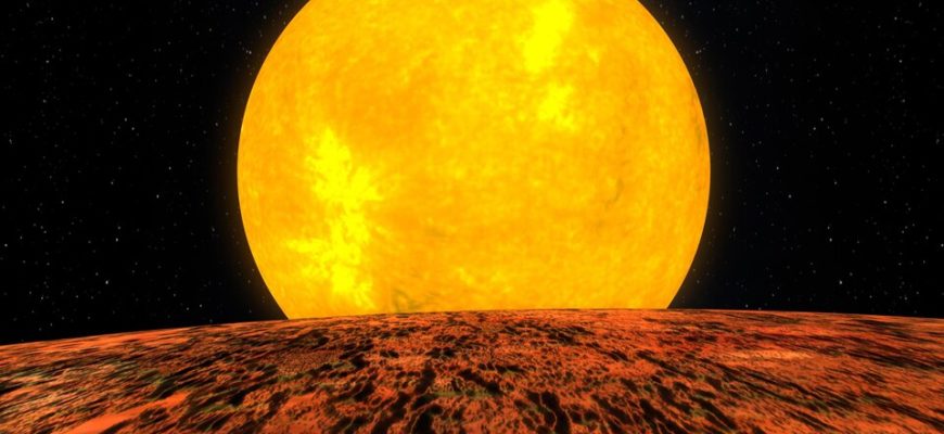 Художественное изображение раскалённой каменной планеты Kepler-10b рядом со звездой