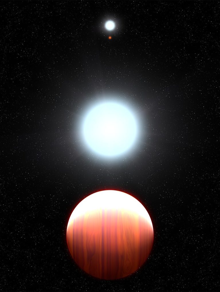 Художественное изображение очень горячего газового гиганта Kepler-13Ab рядом со звездой