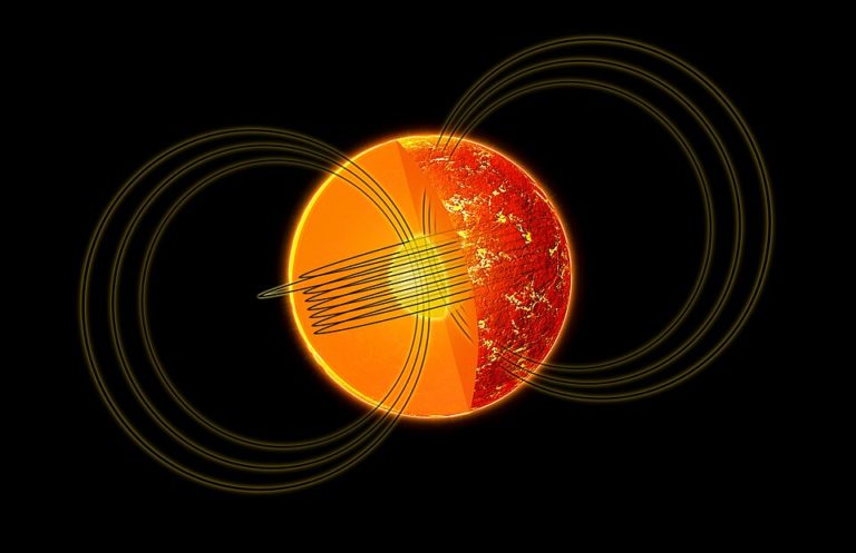 Художественная схема магнетара SGR 0418+5729 с силовыми линиями магнитного поля
