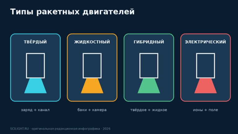 Четыре разреза сравнивают твёрдотопливный, жидкостный, гибридный и электрический двигатели