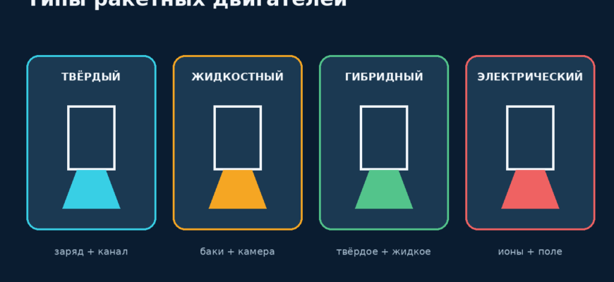 Четыре разреза сравнивают твёрдотопливный, жидкостный, гибридный и электрический двигатели