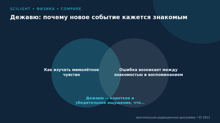 Схема к статье «Дежавю: почему новое событие кажется знакомым»: Как изучать мимолётное чувство, Ошибка возникает между знакомостью и воспоминанием, Дежавю — короткое и убедительное ощущение, что…