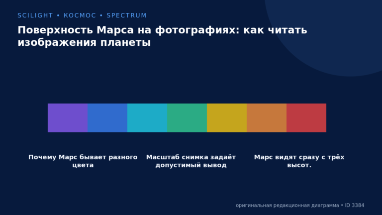Схема к статье «Поверхность Марса на фотографиях: как читать изображения планеты»: Почему Марс бывает разного цвета, Масштаб снимка задаёт допустимый вывод, Марс видят сразу с трёх высот.