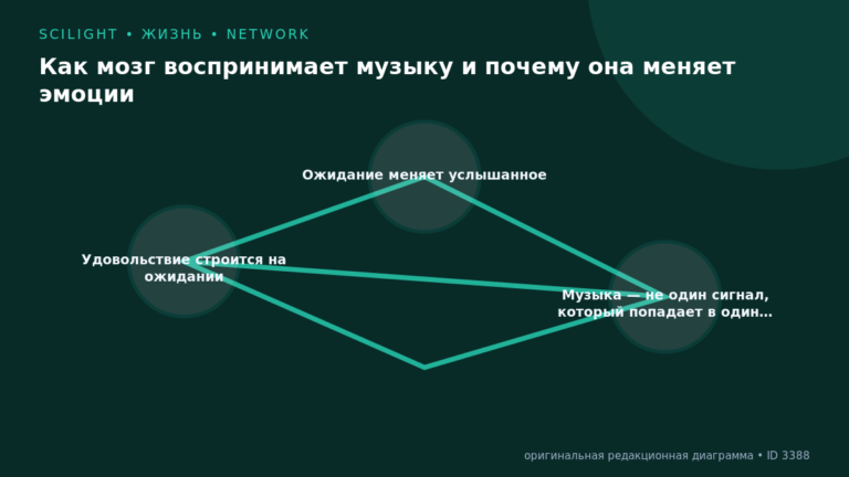 Схема к статье «Как мозг воспринимает музыку и почему она меняет эмоции»: Удовольствие строится на ожидании, Ожидание меняет услышанное, Музыка — не один сигнал, который попадает в один…