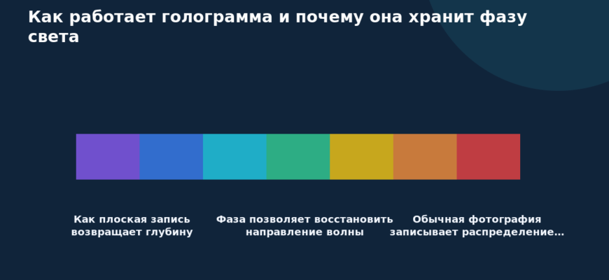 Схема к статье «Как работает голограмма и почему она хранит фазу света»: Как плоская запись возвращает глубину, Фаза позволяет восстановить направление волны, Обычная фотография записывает распределение…
