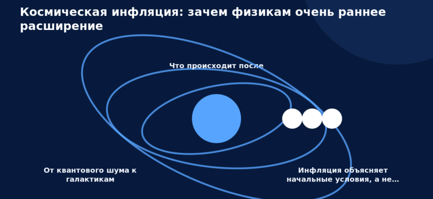Схема к статье «Космическая инфляция: зачем физикам очень раннее расширение»: От квантового шума к галактикам, Что происходит после, Инфляция объясняет начальные условия, а не…