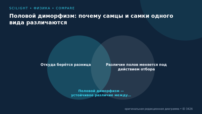 Схема к статье «Половой диморфизм: почему самцы и самки одного вида различаются»: Откуда берётся разница, Различие полов меняется под действием отбора, Половой диморфизм — устойчивое различие между…