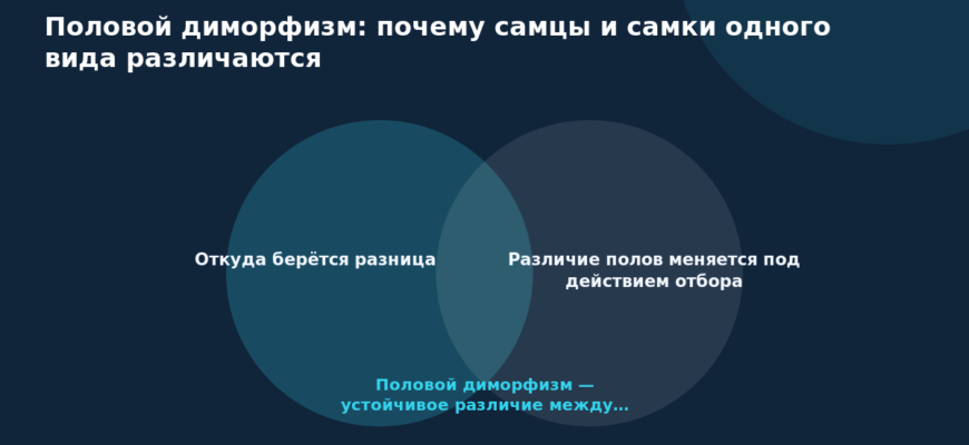 Схема к статье «Половой диморфизм: почему самцы и самки одного вида различаются»: Откуда берётся разница, Различие полов меняется под действием отбора, Половой диморфизм — устойчивое различие между…