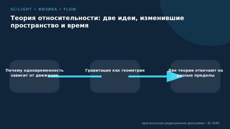 Три связанные карточки сравнивают специальную и общую теории относительности