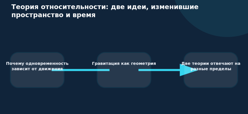 Три связанные карточки сравнивают специальную и общую теории относительности
