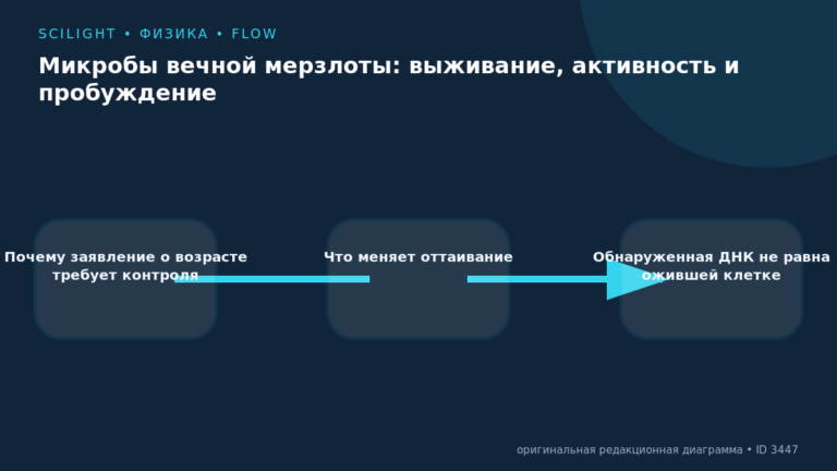 Схема к статье «Микробы вечной мерзлоты: выживание, активность и пробуждение»: Почему заявление о возрасте требует контроля, Что меняет оттаивание, Обнаруженная ДНК не равна ожившей клетке