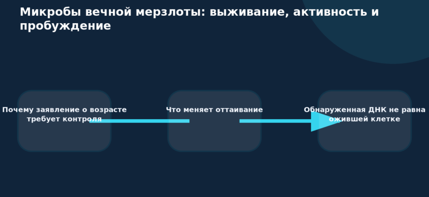 Схема к статье «Микробы вечной мерзлоты: выживание, активность и пробуждение»: Почему заявление о возрасте требует контроля, Что меняет оттаивание, Обнаруженная ДНК не равна ожившей клетке