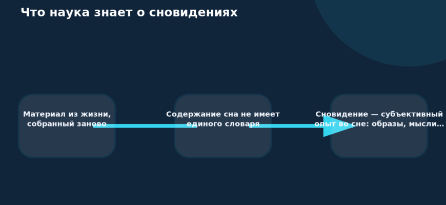 Схема к статье «Что наука знает о сновидениях»: Материал из жизни, собранный заново, Содержание сна не имеет единого словаря, Сновидение — субъективный опыт во сне: образы, мысли…