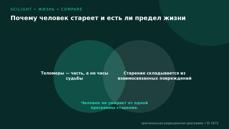Схема к статье «Почему человек стареет и есть ли предел жизни»: Теломеры — часть, а не часы судьбы, Старение складывается из взаимосвязанных повреждений, Человек не умирает от одной программы старения.