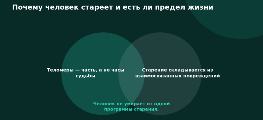Схема к статье «Почему человек стареет и есть ли предел жизни»: Теломеры — часть, а не часы судьбы, Старение складывается из взаимосвязанных повреждений, Человек не умирает от одной программы старения.