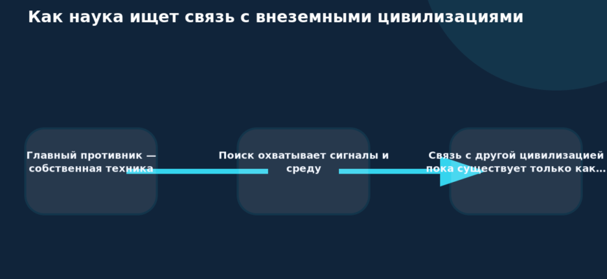Схема к статье «Как наука ищет связь с внеземными цивилизациями»: Главный противник — собственная техника, Поиск охватывает сигналы и среду, Связь с другой цивилизацией пока существует только как…