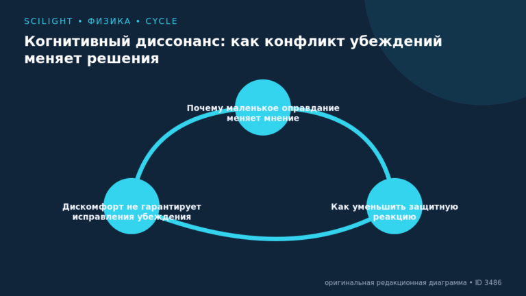 Схема к статье «Когнитивный диссонанс: как конфликт убеждений меняет решения»: Почему маленькое оправдание меняет мнение, Как уменьшить защитную реакцию, Дискомфорт не гарантирует исправления убеждения