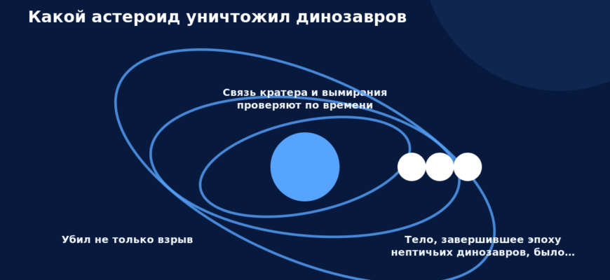Схема к статье «Какой астероид уничтожил динозавров»: Убил не только взрыв, Связь кратера и вымирания проверяют по времени, Тело, завершившее эпоху нептичьих динозавров, было…