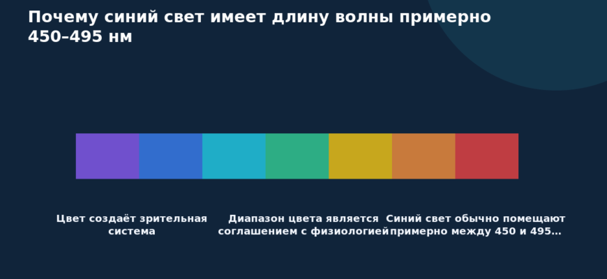 Схема к статье «Почему синий свет имеет длину волны примерно 450–495 нм»: Цвет создаёт зрительная система, Диапазон цвета является соглашением с физиологией, Синий свет обычно помещают примерно между 450 и 495…