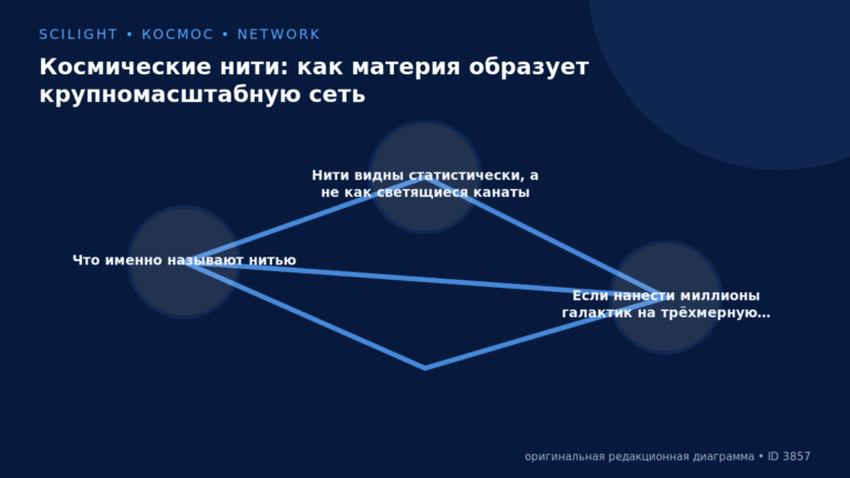 Схема к статье «Космические нити: как материя образует крупномасштабную сеть»: Что именно называют нитью, Нити видны статистически, а не как светящиеся канаты, Если нанести миллионы галактик на трёхмерную…