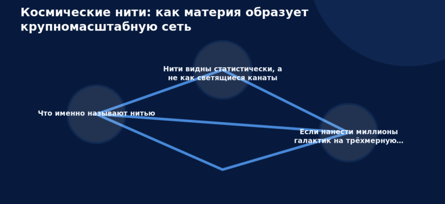Схема к статье «Космические нити: как материя образует крупномасштабную сеть»: Что именно называют нитью, Нити видны статистически, а не как светящиеся канаты, Если нанести миллионы галактик на трёхмерную…