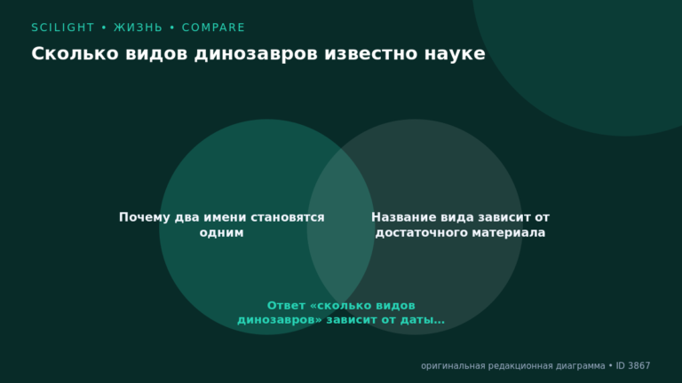 Схема к статье «Сколько видов динозавров известно науке»: Почему два имени становятся одним, Название вида зависит от достаточного материала, Ответ «сколько видов динозавров» зависит от даты…