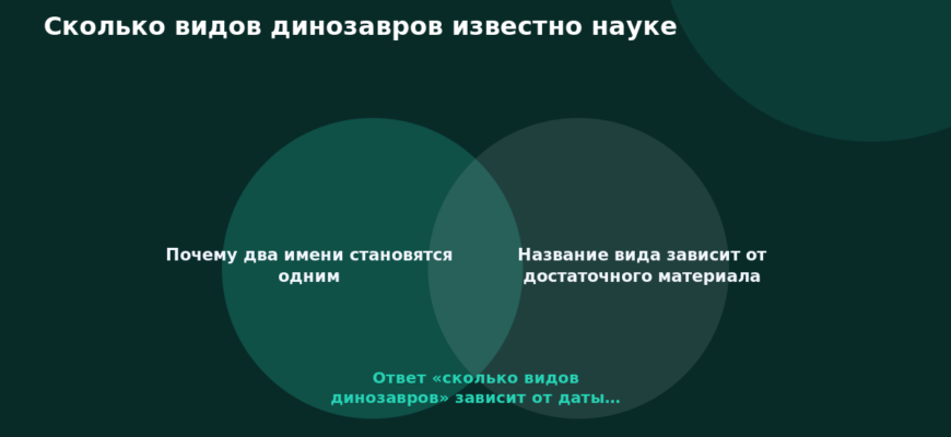 Схема к статье «Сколько видов динозавров известно науке»: Почему два имени становятся одним, Название вида зависит от достаточного материала, Ответ «сколько видов динозавров» зависит от даты…
