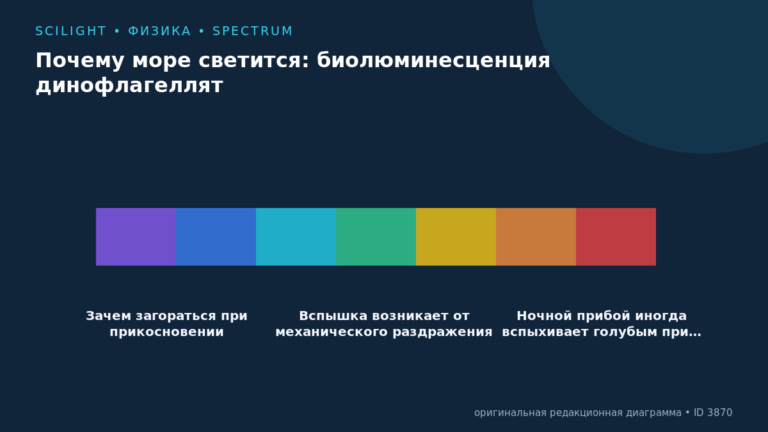 Схема к статье «Почему море светится: биолюминесценция динофлагеллят»: Зачем загораться при прикосновении, Вспышка возникает от механического раздражения, Ночной прибой иногда вспыхивает голубым при…