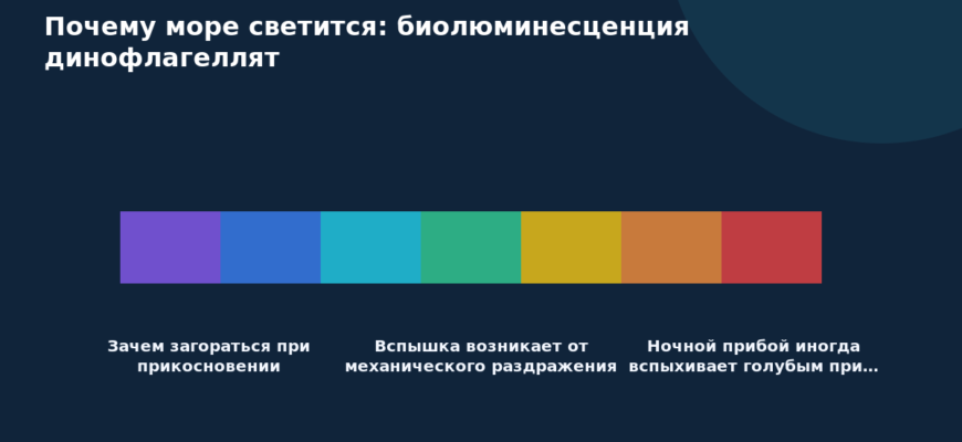 Схема к статье «Почему море светится: биолюминесценция динофлагеллят»: Зачем загораться при прикосновении, Вспышка возникает от механического раздражения, Ночной прибой иногда вспыхивает голубым при…