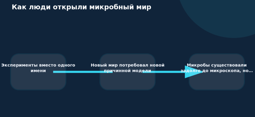 Схема к статье «Как люди открыли микробный мир»: Эксперименты вместо одного имени, Новый мир потребовал новой причинной модели, Микробы существовали задолго до микроскопа, но…