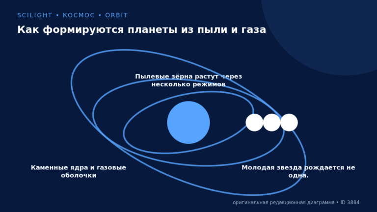 Схема к статье «Как формируются планеты из пыли и газа»: Каменные ядра и газовые оболочки, Пылевые зёрна растут через несколько режимов, Молодая звезда рождается не одна.