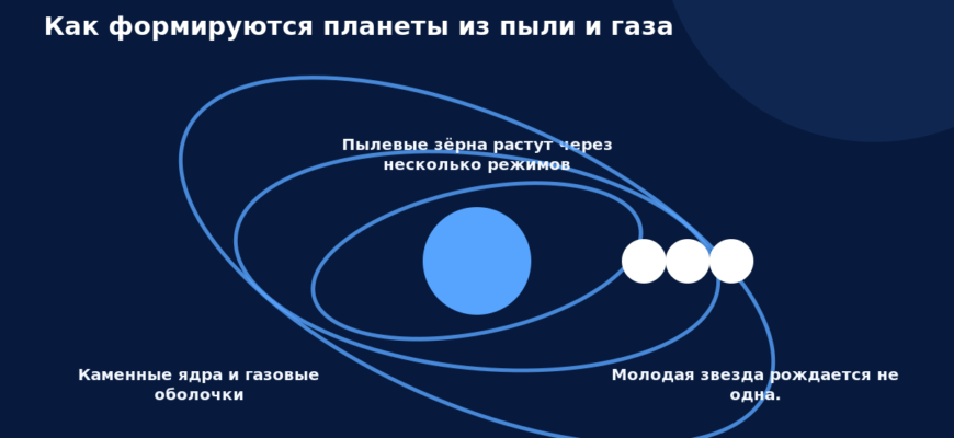 Схема к статье «Как формируются планеты из пыли и газа»: Каменные ядра и газовые оболочки, Пылевые зёрна растут через несколько режимов, Молодая звезда рождается не одна.