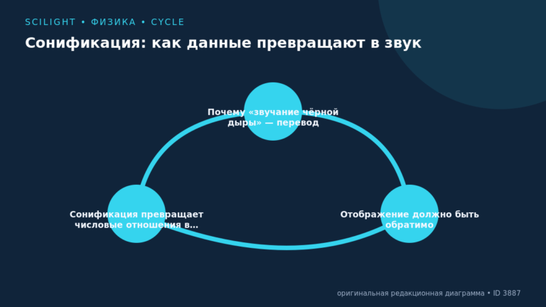 Схема к статье «Сонификация: как данные превращают в звук»: Почему «звучание чёрной дыры» — перевод, Отображение должно быть обратимо, Сонификация превращает числовые отношения в…